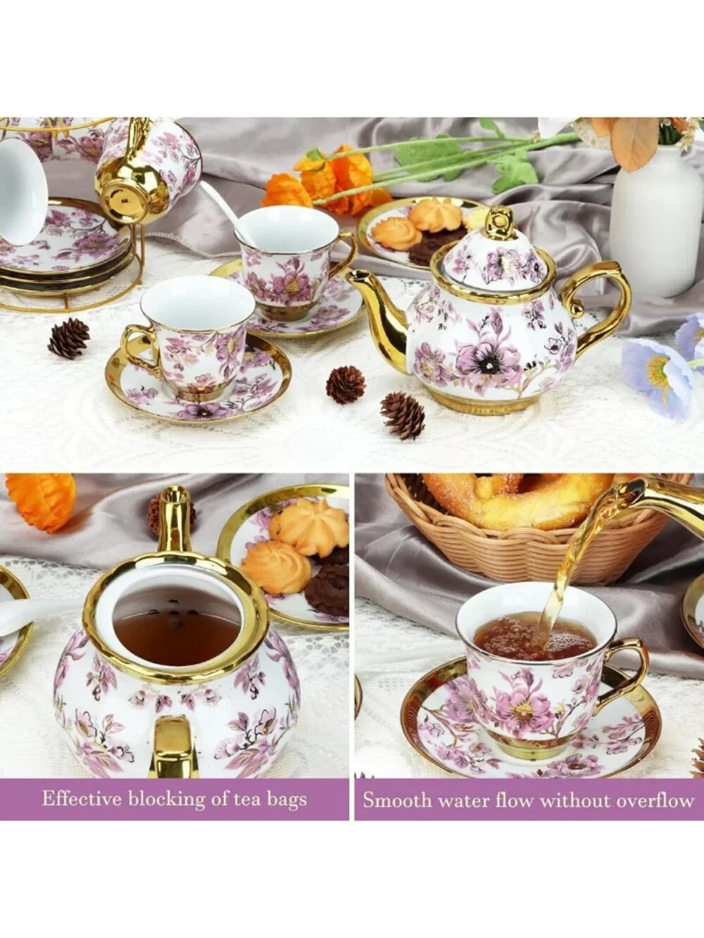 Elegant 20-Piece Porcelain Tea Set with Metal Holder for 6 - Perfect for